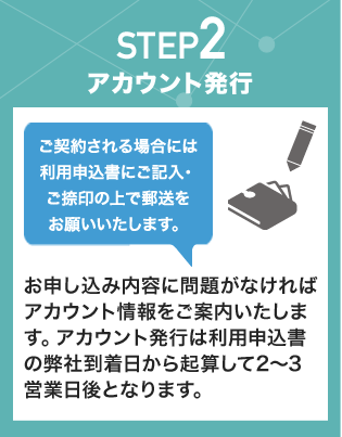 STEP2 アカウント発行 お申し込み内容に問題がなければ アカウント情報をご案内いたしま す。アカウント発行は利用申込書 の弊社到着日から起算して2～3営業日後となります。